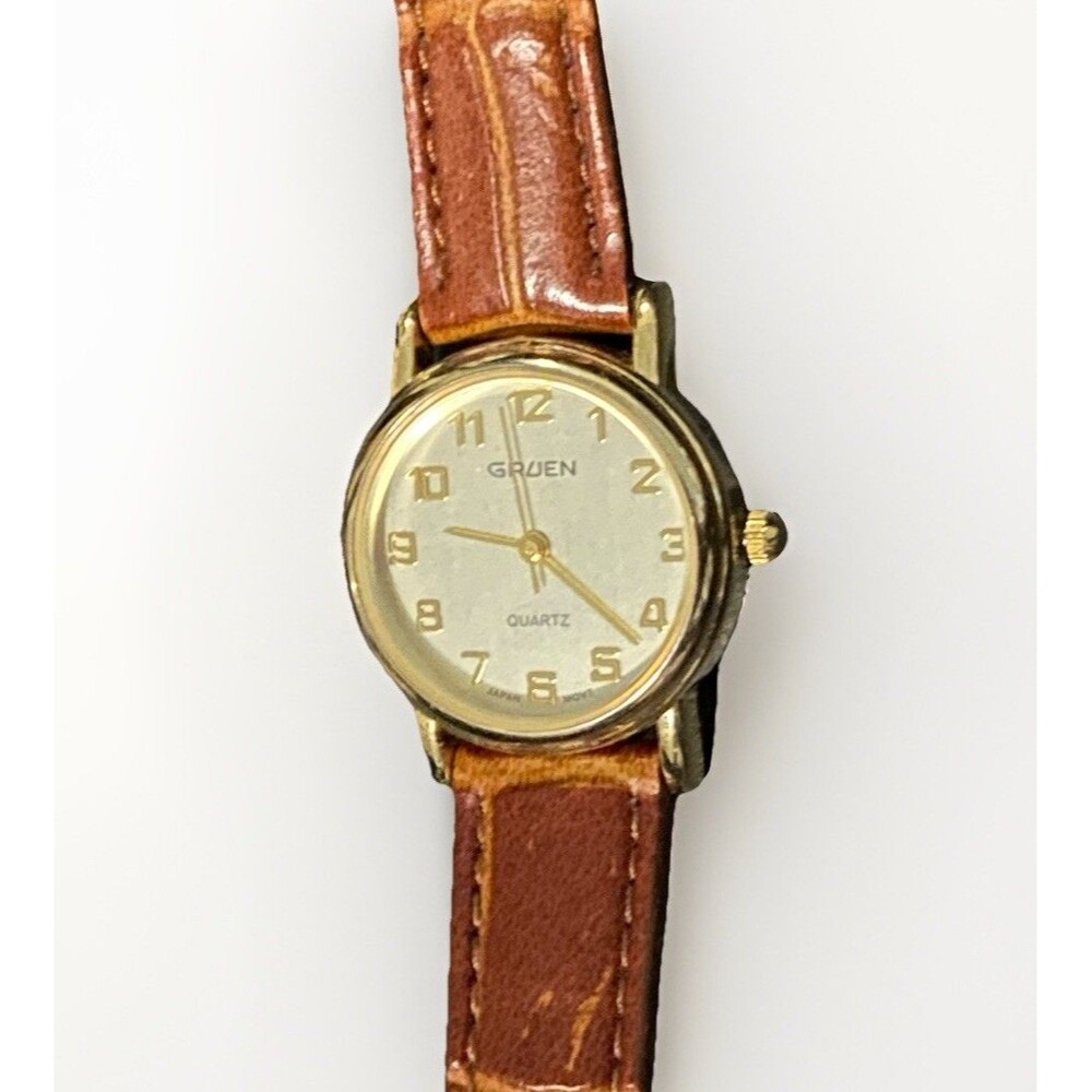 Gruen Women’s Watch 26mm Gold Tone Quartz Brown Leather Band New Battery